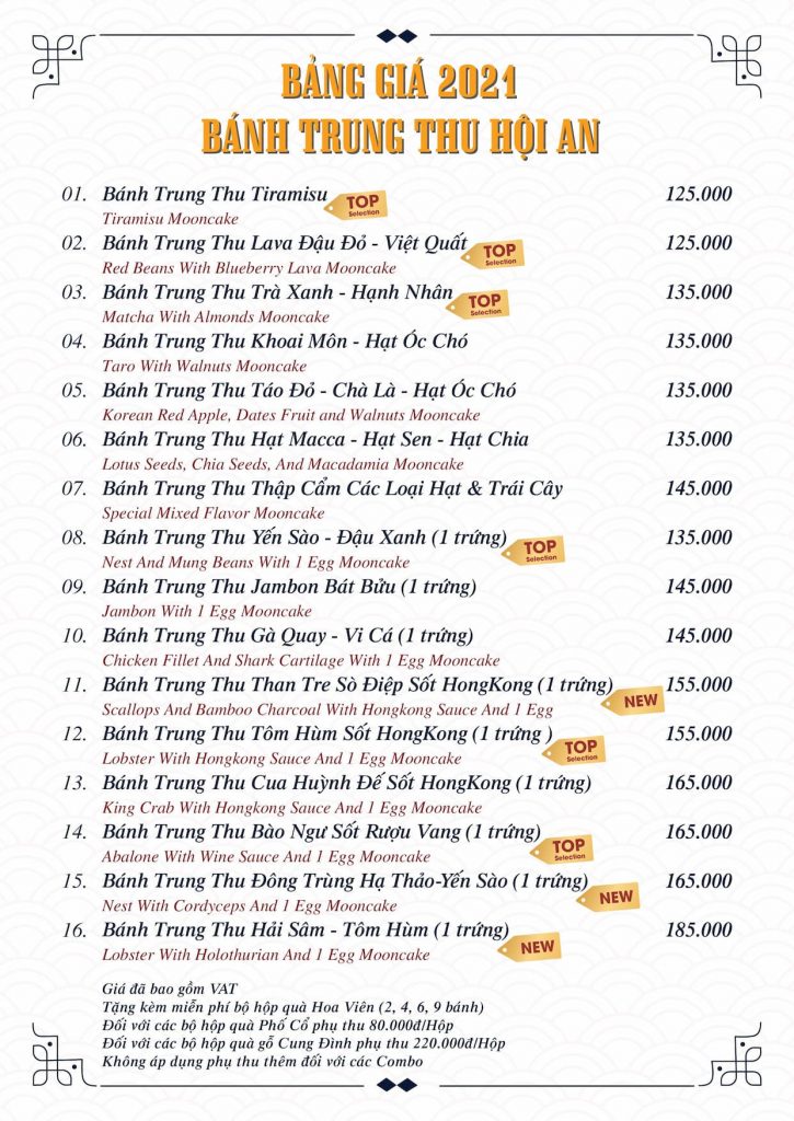 bảng giá bánh trung thu Mordan Hội An