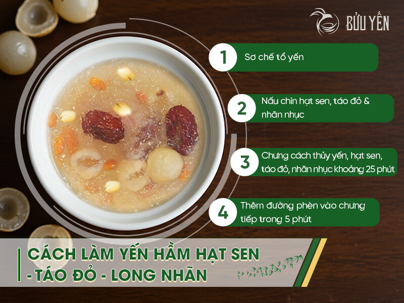 cách hầm chè yến hạt sen táo đỏ long nhãn